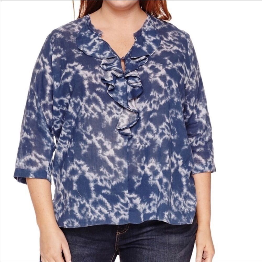 NEW Blue Tie Dye Ruffle Mid Sleeve Blouse Top
